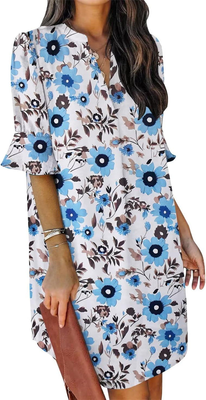 QACOHU Vestidos de verano para mujer, cuello en V, volantes, manga corta, vestido casual de estilo camisero