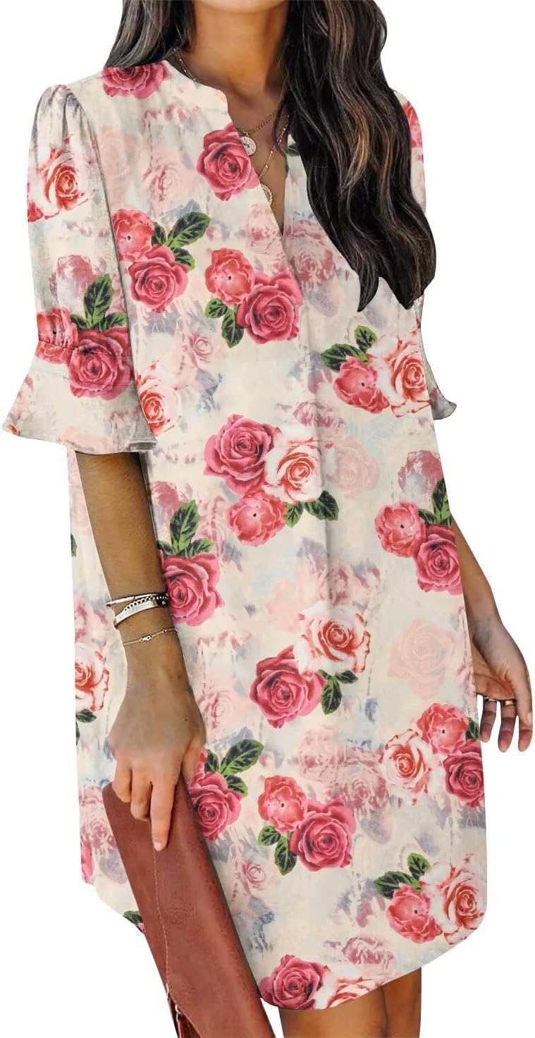 QACOHU Vestidos de verano para mujer, cuello en V, volantes, manga corta, vestido casual de estilo camisero