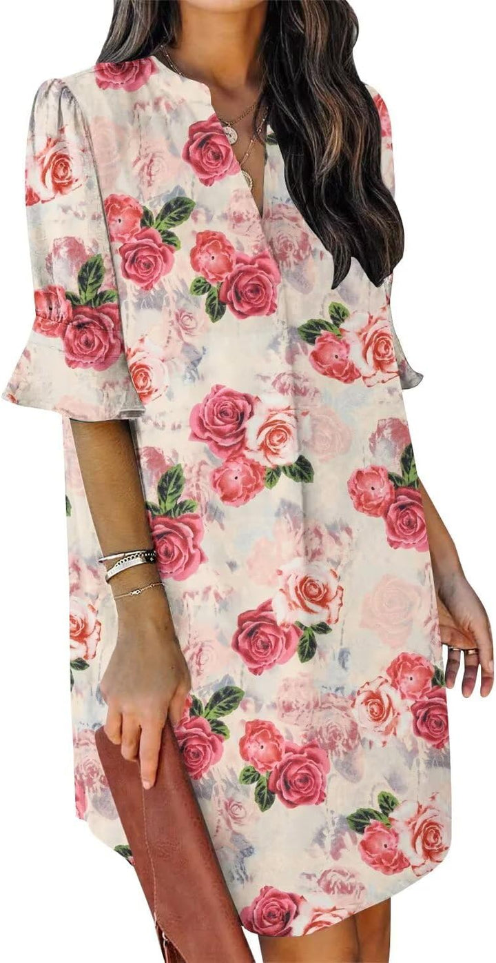 QACOHU Vestidos de verano para mujer, cuello en V, volantes, manga corta, vestido casual de estilo camisero