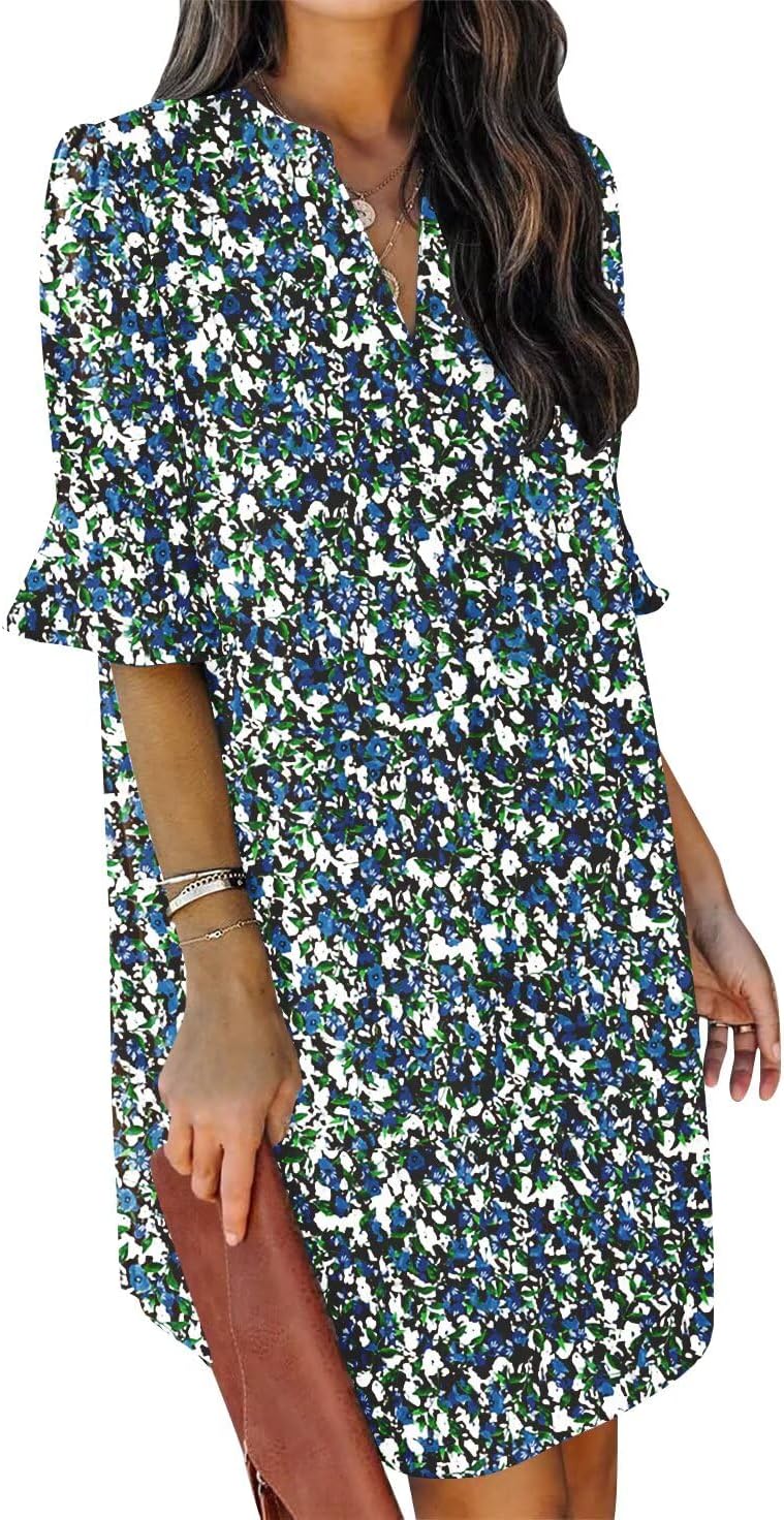 QACOHU Vestidos de verano para mujer, cuello en V, volantes, manga corta, vestido casual de estilo camisero