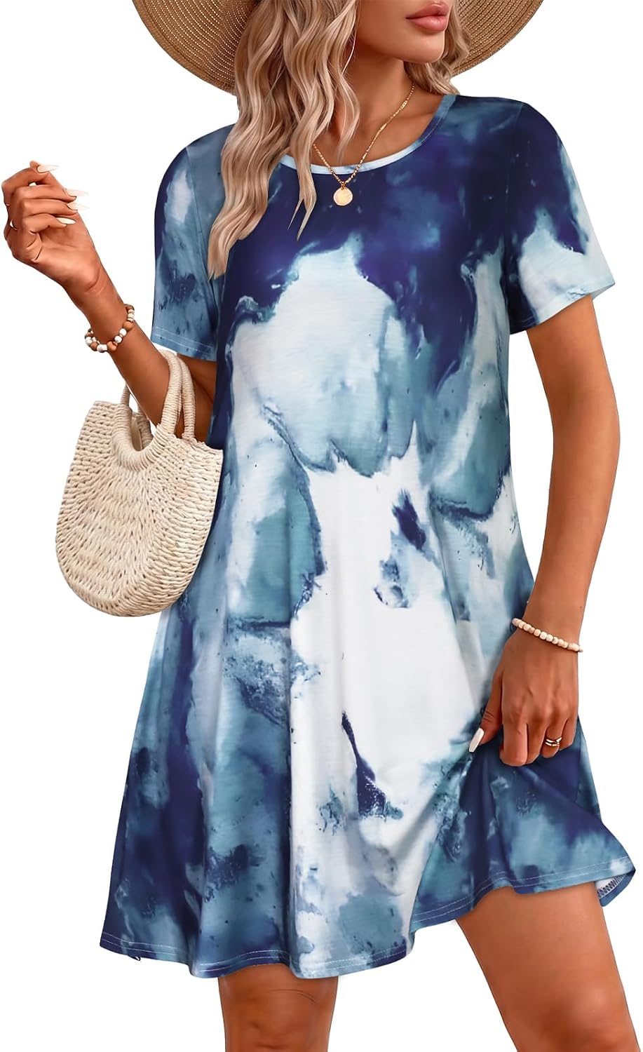 Vestidos de verano para mujeres casuales, camiseta de manga corta floral, vestido de sol de playa, cubiertas de playa con bolsillos