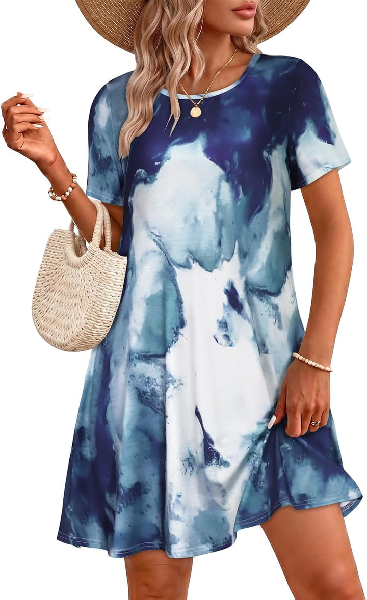 Vestidos de verano para mujeres casuales, camiseta de manga corta floral, vestido de sol de playa, cubiertas de playa con bolsillos
