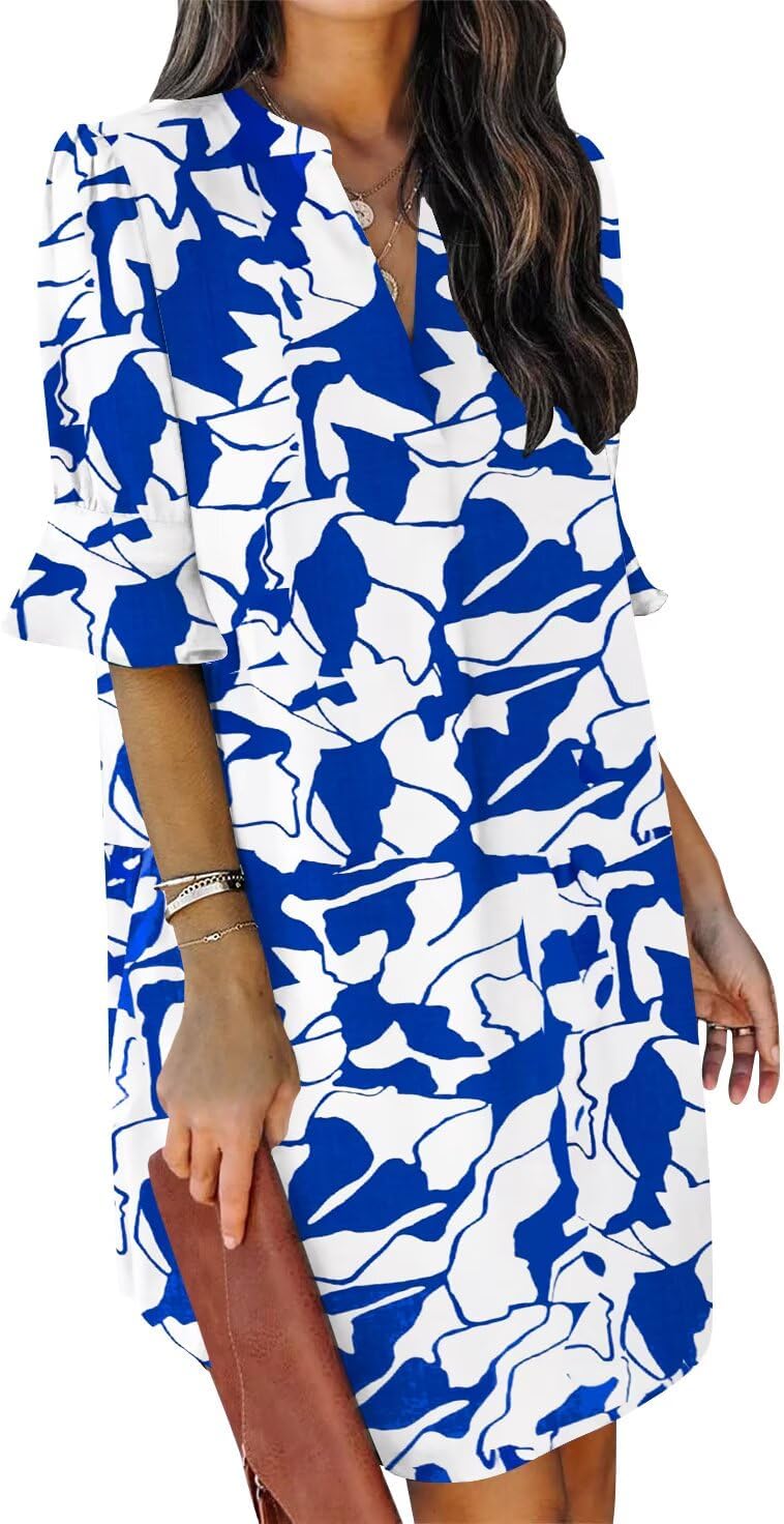 QACOHU Vestidos de verano para mujer, cuello en V, volantes, manga corta, vestido casual de estilo camisero