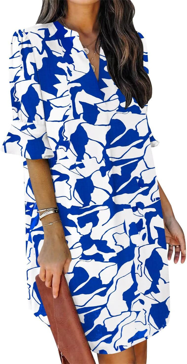 QACOHU Vestidos de verano para mujer, cuello en V, volantes, manga corta, vestido casual de estilo camisero