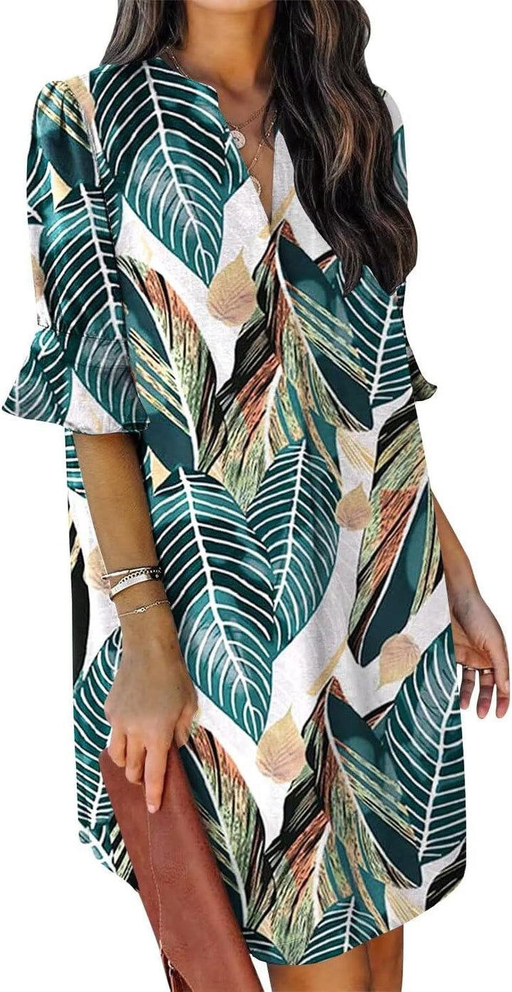 QACOHU Vestidos de verano para mujer, cuello en V, volantes, manga corta, vestido casual de estilo camisero
