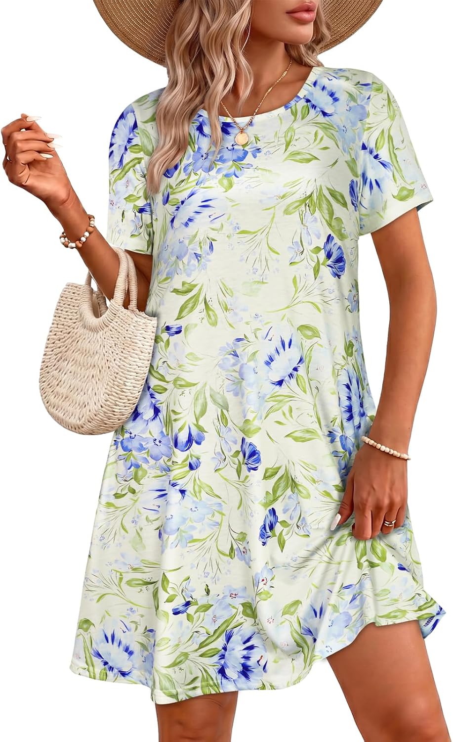 Vestidos de verano para mujeres casuales, camiseta de manga corta floral, vestido de sol de playa, cubiertas de playa con bolsillos