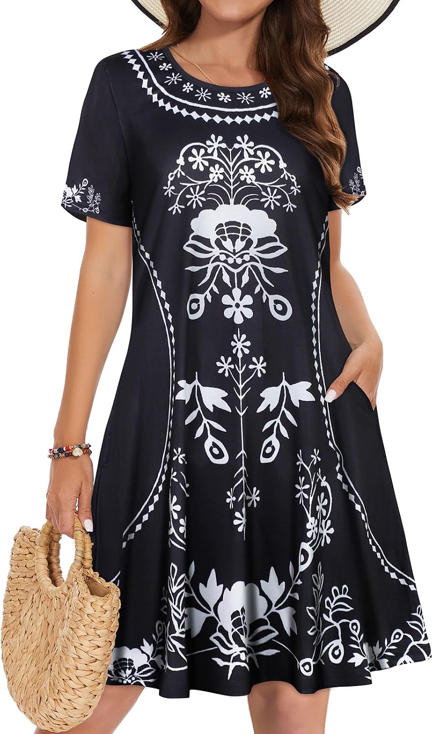 Vestidos de verano para mujeres casuales, camiseta de manga corta floral, vestido de sol de playa, cubiertas de playa con bolsillos