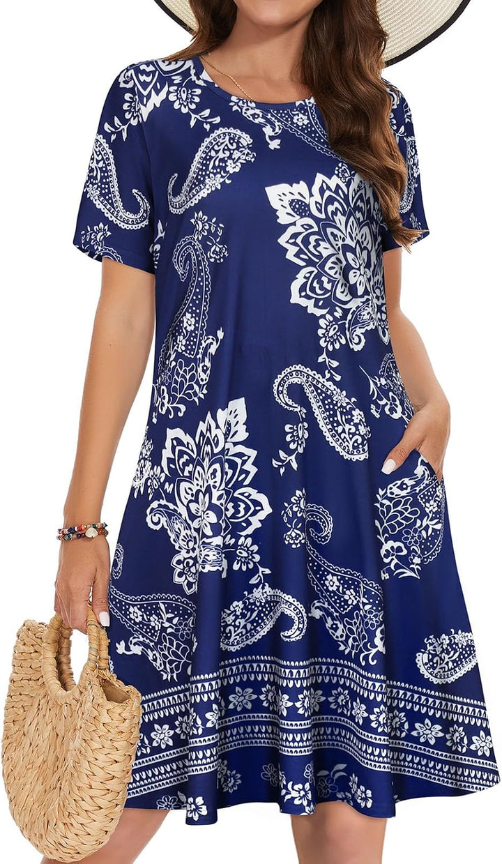 Vestidos de verano para mujeres casuales, camiseta de manga corta floral, vestido de sol de playa, cubiertas de playa con bolsillos