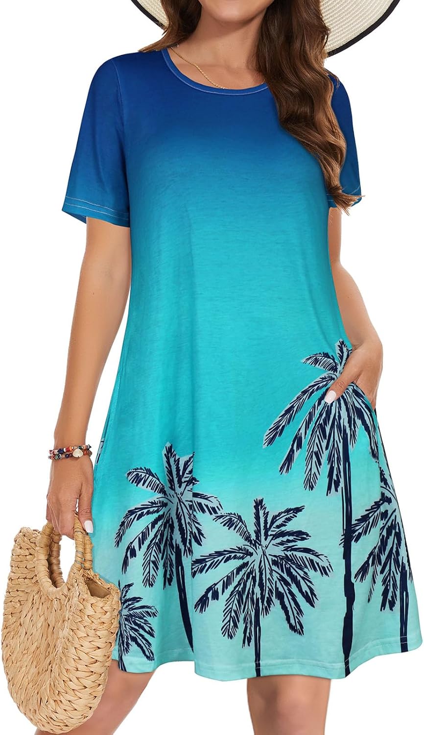 Vestidos de verano para mujeres casuales, camiseta de manga corta floral, vestido de sol de playa, cubiertas de playa con bolsillos