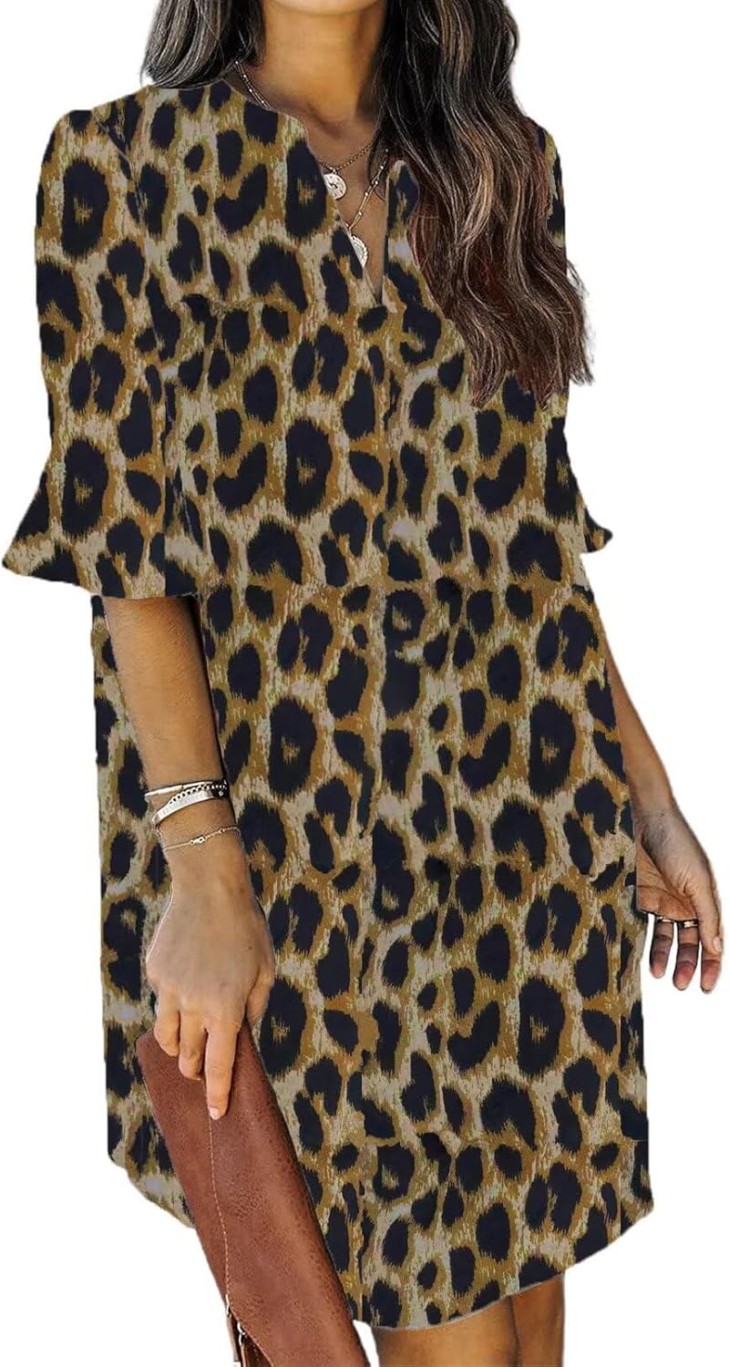 QACOHU Vestidos de verano para mujer, cuello en V, volantes, manga corta, vestido casual de estilo camisero