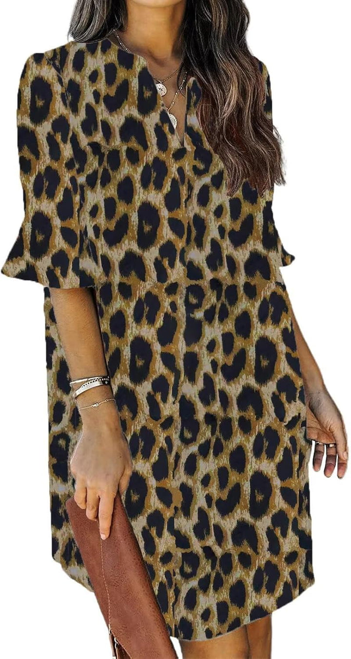 QACOHU Vestidos de verano para mujer, cuello en V, volantes, manga corta, vestido casual de estilo camisero