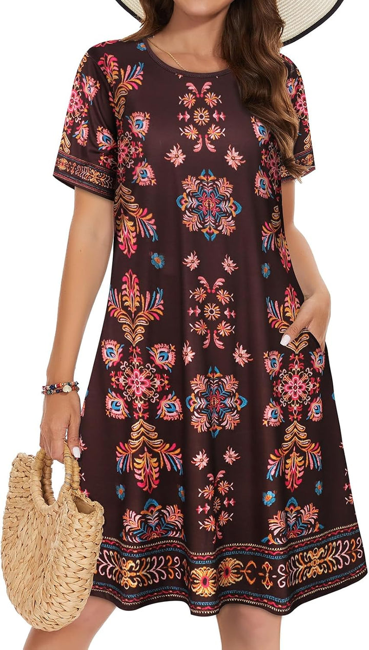 Vestidos de verano para mujeres casuales, camiseta de manga corta floral, vestido de sol de playa, cubiertas de playa con bolsillos