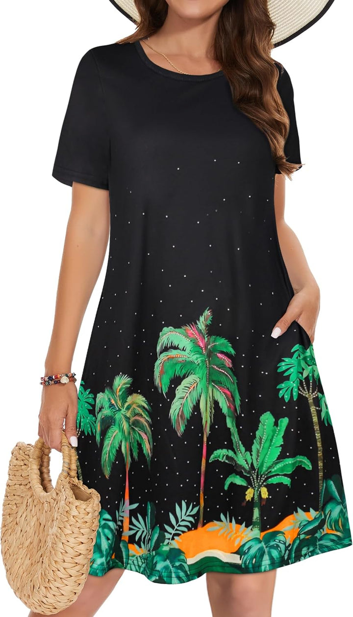 Vestidos de verano para mujeres casuales, camiseta de manga corta floral, vestido de sol de playa, cubiertas de playa con bolsillos