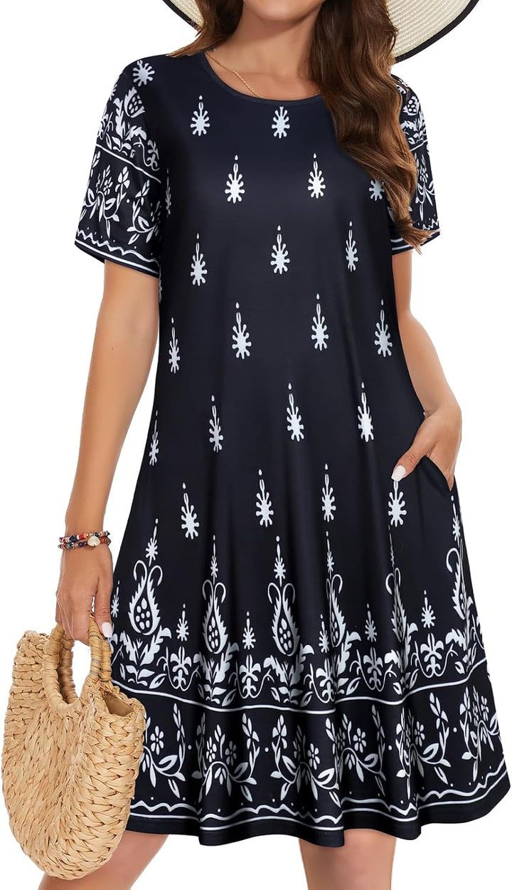 Vestidos de verano para mujeres casuales, camiseta de manga corta floral, vestido de sol de playa, cubiertas de playa con bolsillos