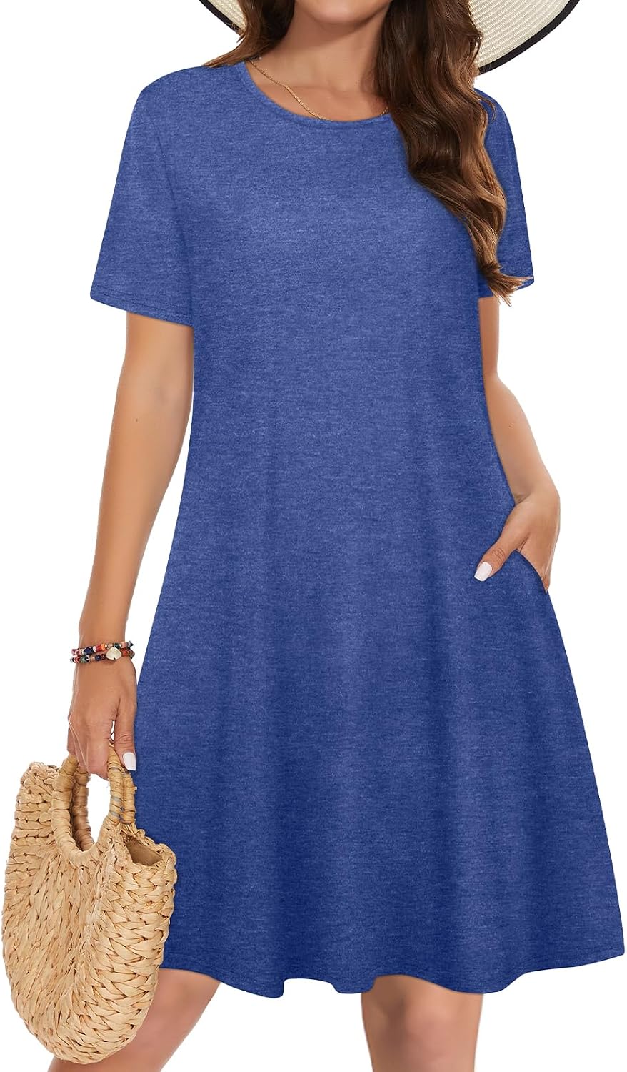 Vestidos de verano para mujeres casuales, camiseta de manga corta floral, vestido de sol de playa, cubiertas de playa con bolsillos