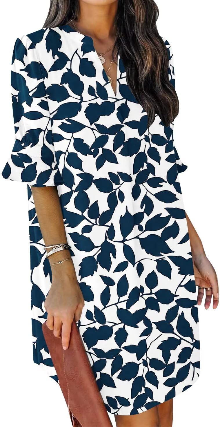 QACOHU Vestidos de verano para mujer, cuello en V, volantes, manga corta, vestido casual de estilo camisero