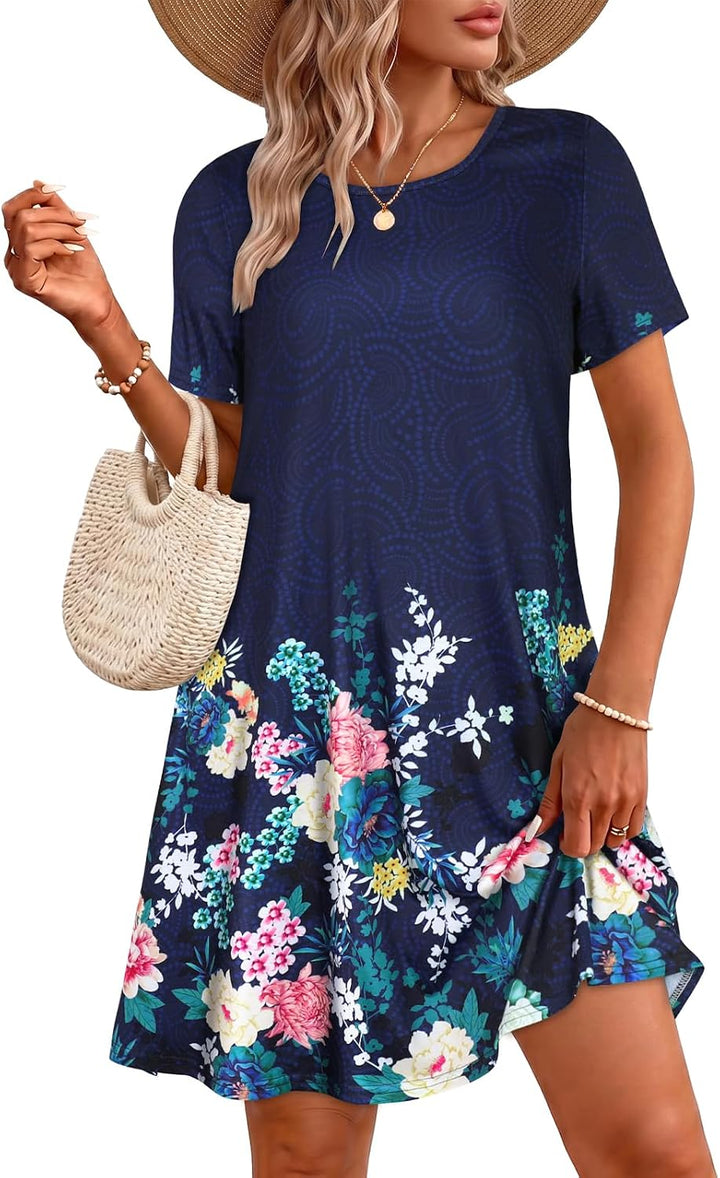 Vestidos de verano para mujeres casuales, camiseta de manga corta floral, vestido de sol de playa, cubiertas de playa con bolsillos