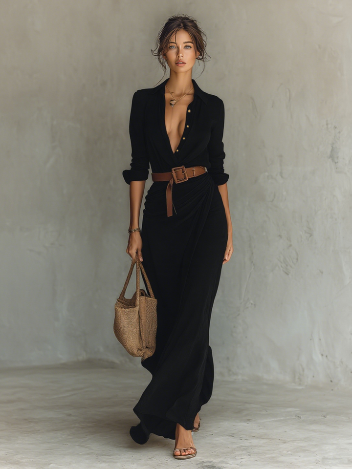 Gaïl | Ladies Lapel Single Breasted Long Sleeve Belted Maxi Dress