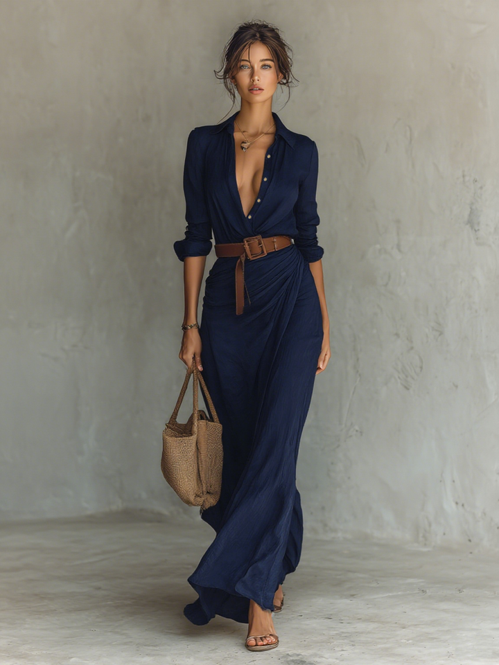 Gaïl | Ladies Lapel Single Breasted Long Sleeve Belted Maxi Dress