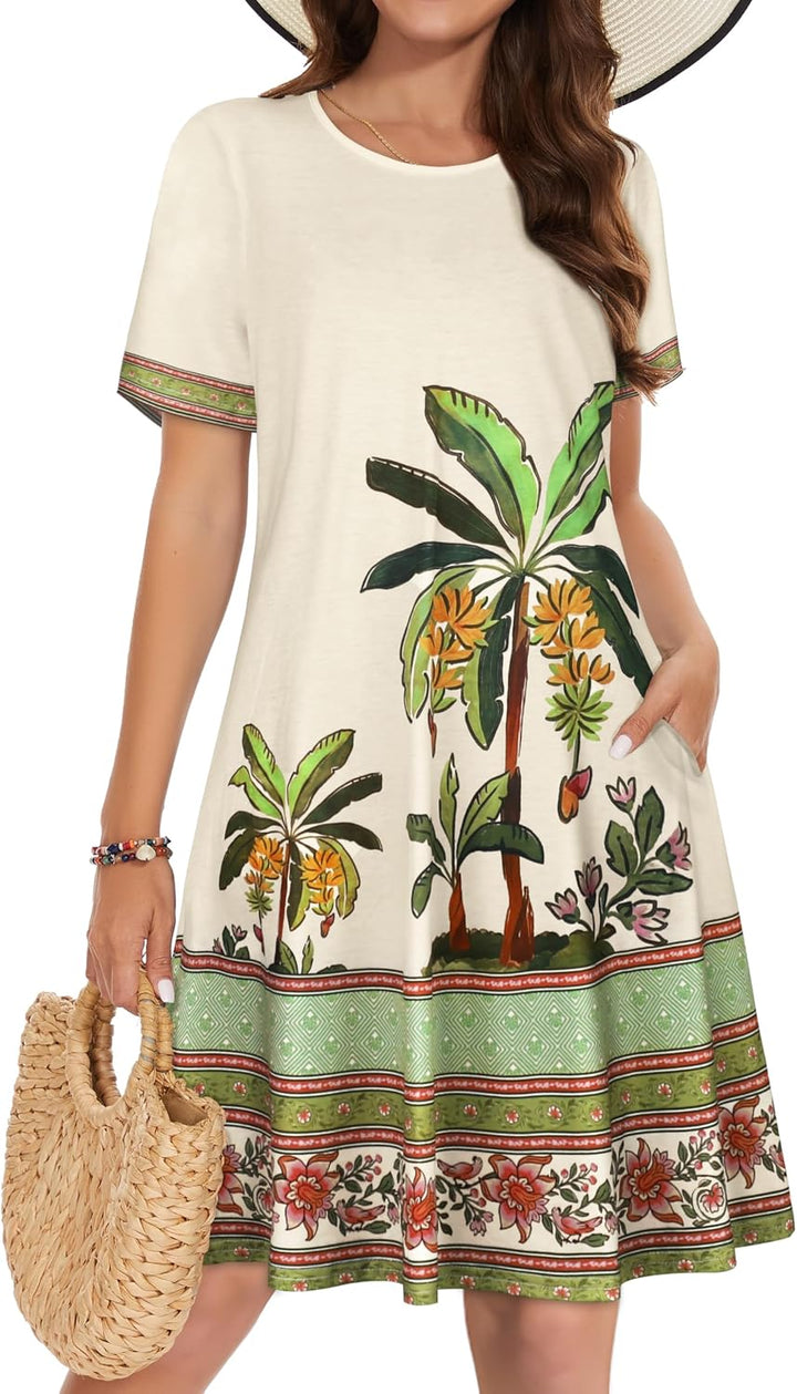 Vestidos de verano para mujeres casuales, camiseta de manga corta floral, vestido de sol de playa, cubiertas de playa con bolsillos