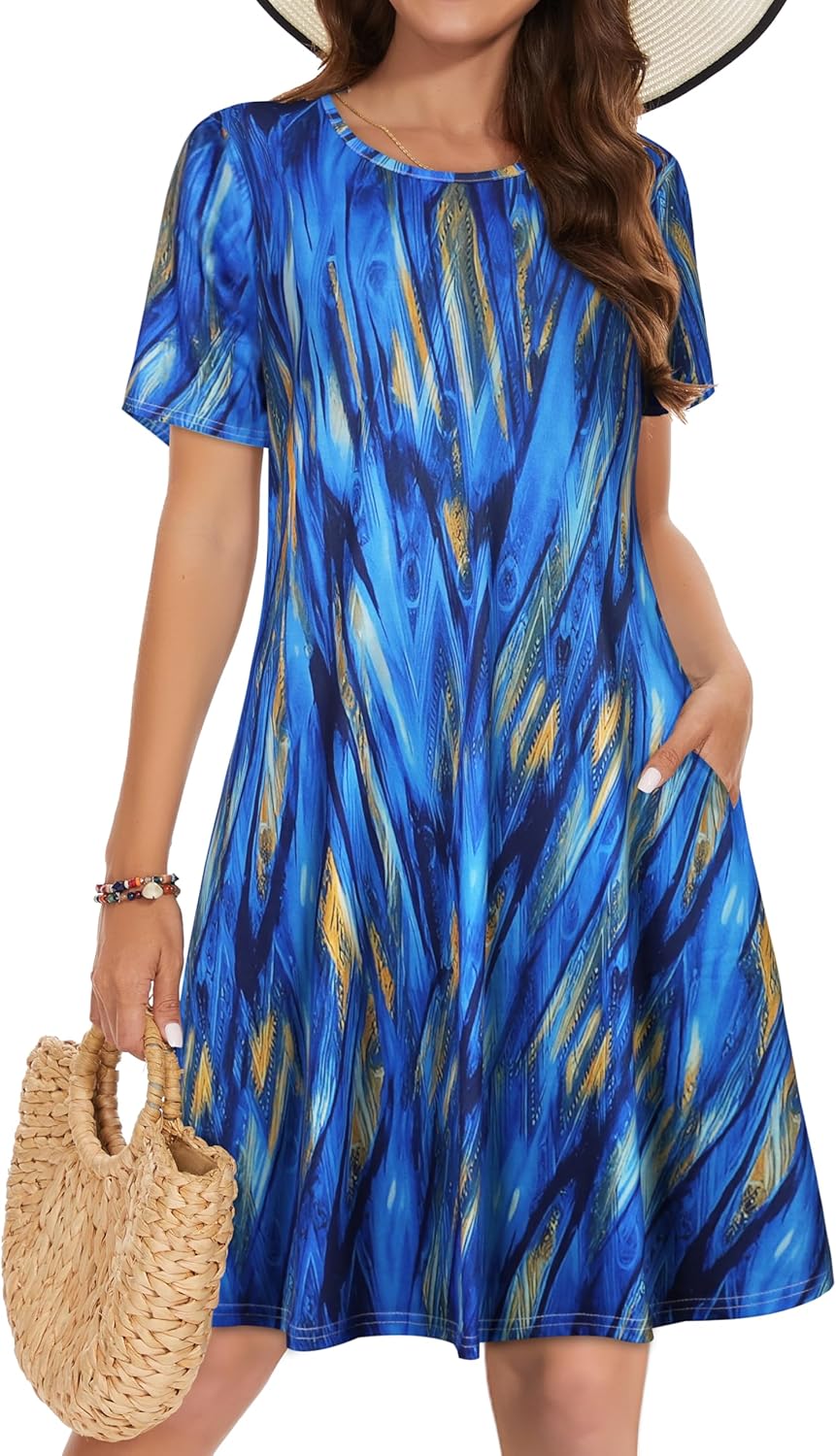 Vestidos de verano para mujeres casuales, camiseta de manga corta floral, vestido de sol de playa, cubiertas de playa con bolsillos