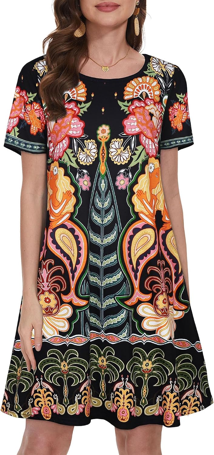 Vestidos de verano para mujeres casuales, camiseta de manga corta floral, vestido de sol de playa, cubiertas de playa con bolsillos