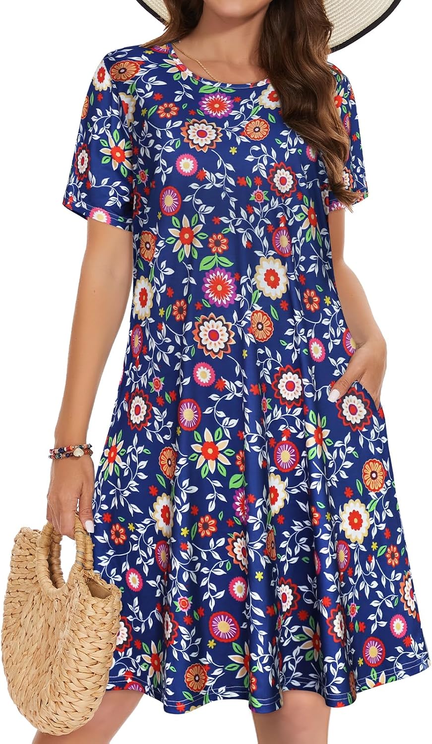 Vestidos de verano para mujeres casuales, camiseta de manga corta floral, vestido de sol de playa, cubiertas de playa con bolsillos
