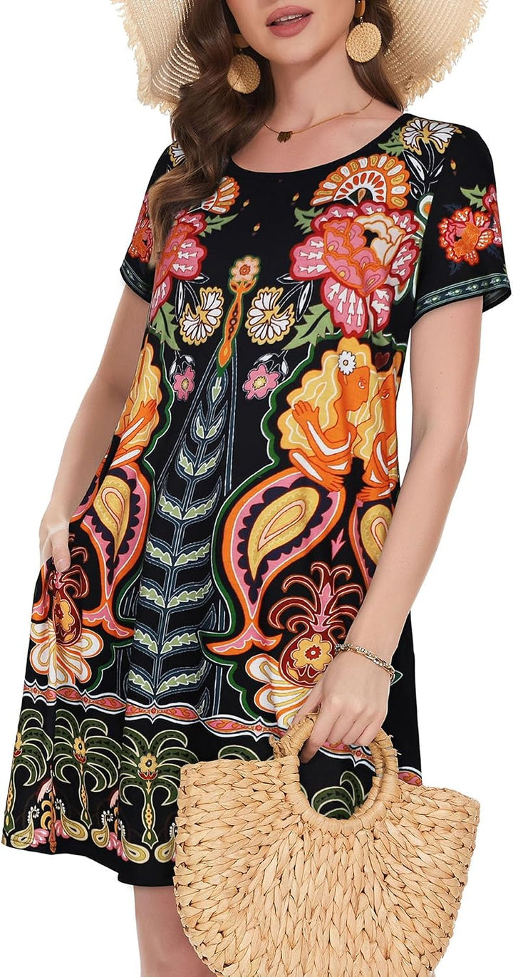 Vestidos de verano para mujeres casuales, camiseta de manga corta floral, vestido de sol de playa, cubiertas de playa con bolsillos