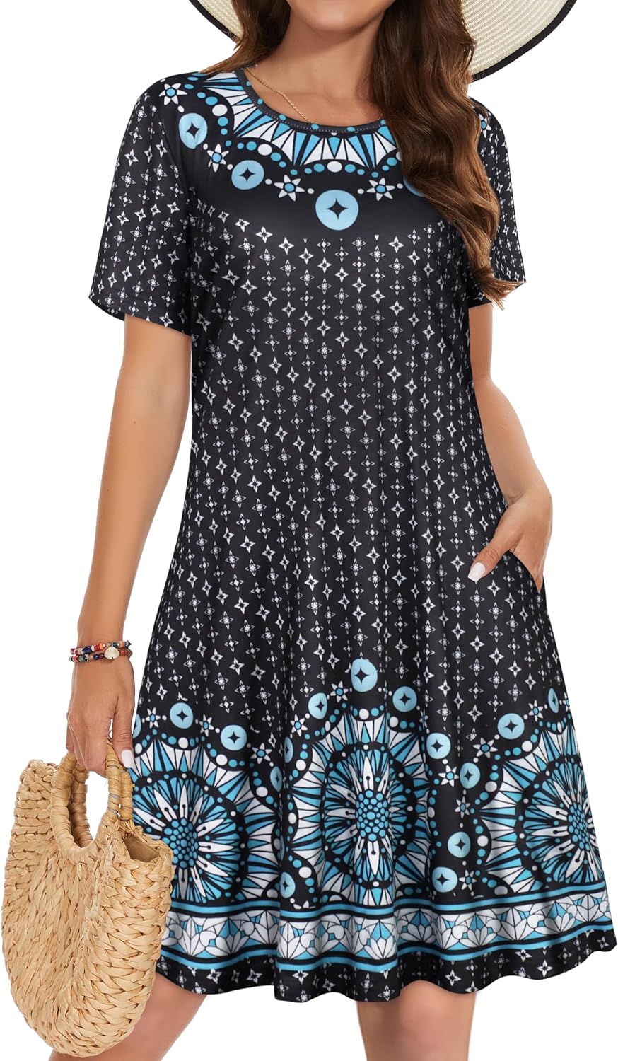 Vestidos de verano para mujeres casuales, camiseta de manga corta floral, vestido de sol de playa, cubiertas de playa con bolsillos