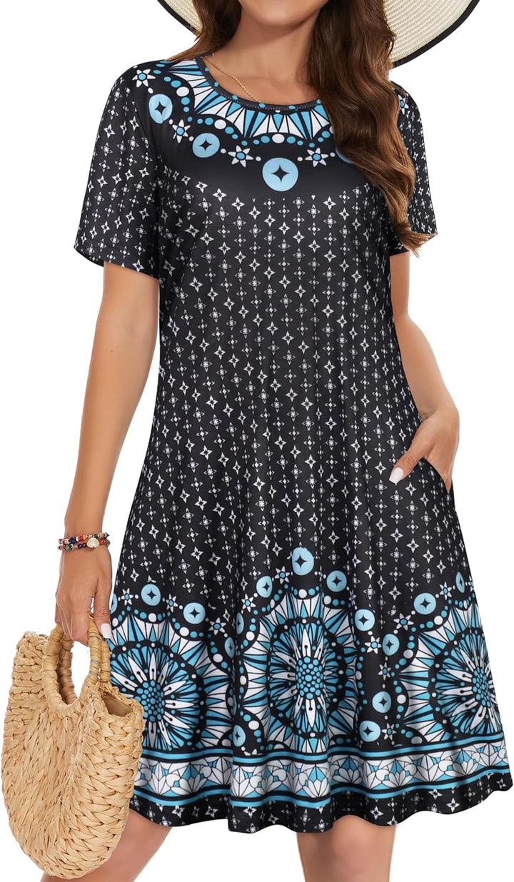 Vestidos de verano para mujeres casuales, camiseta de manga corta floral, vestido de sol de playa, cubiertas de playa con bolsillos