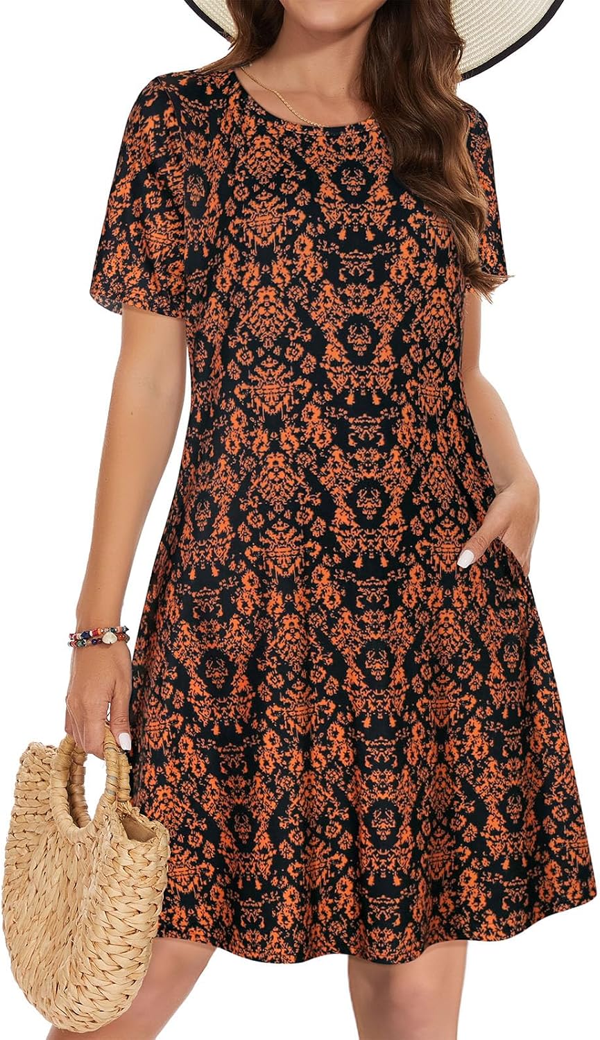 Vestidos de verano para mujeres casuales, camiseta de manga corta floral, vestido de sol de playa, cubiertas de playa con bolsillos