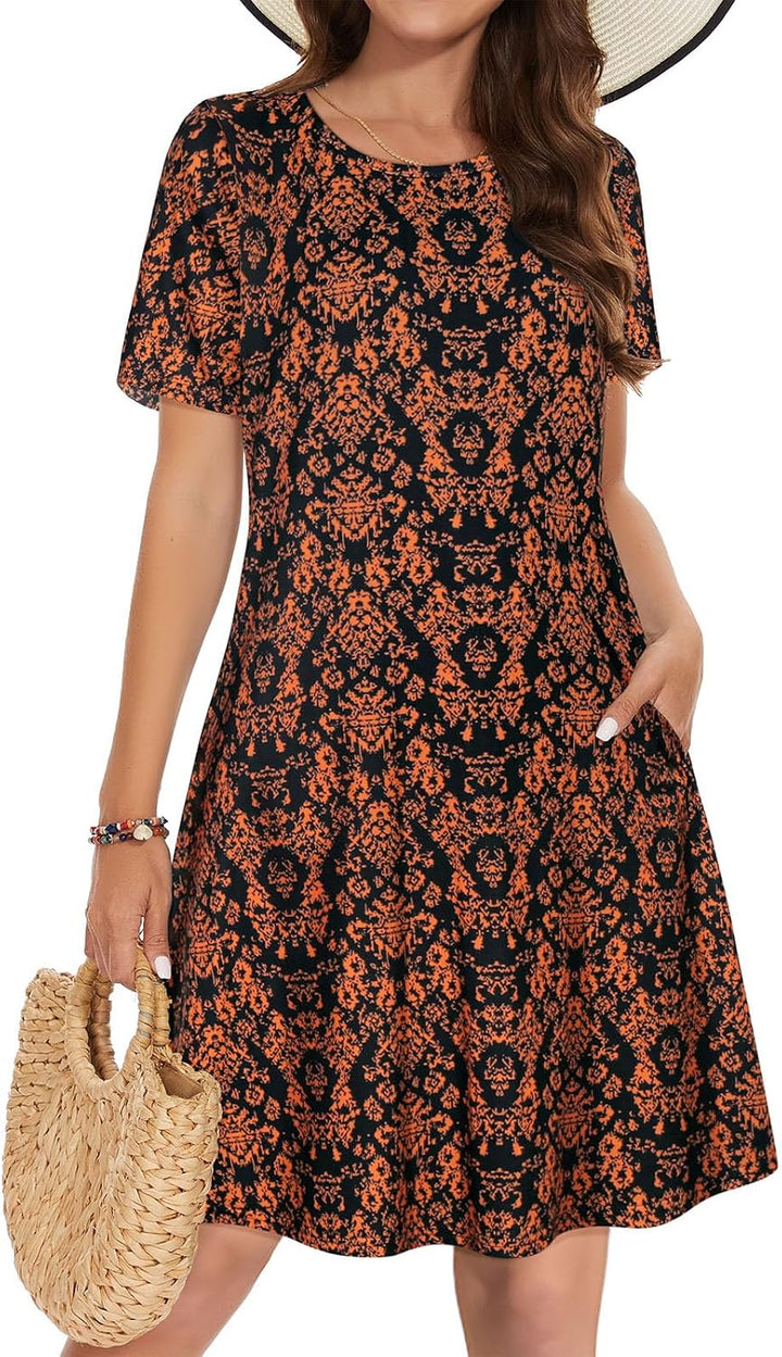 Vestidos de verano para mujeres casuales, camiseta de manga corta floral, vestido de sol de playa, cubiertas de playa con bolsillos