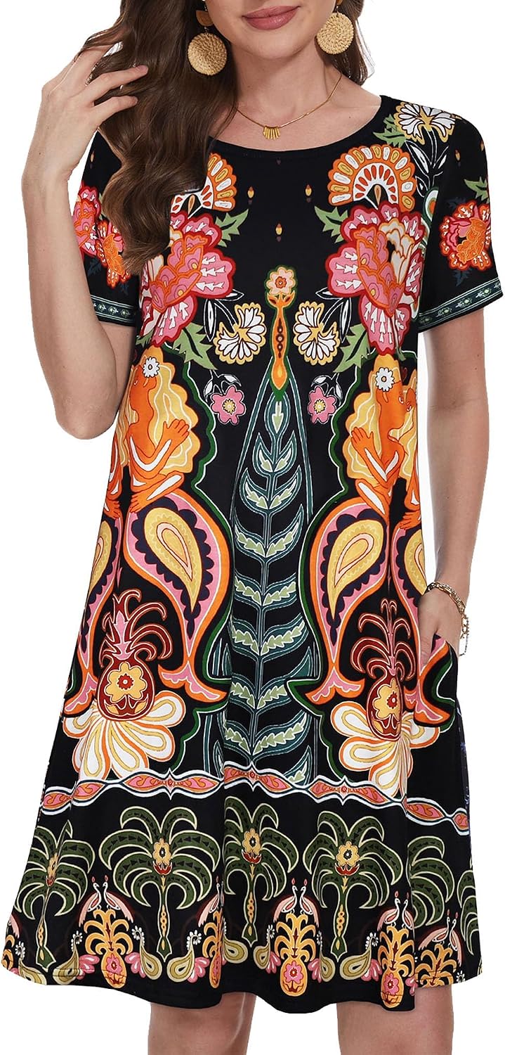 Vestidos de verano para mujeres casuales, camiseta de manga corta floral, vestido de sol de playa, cubiertas de playa con bolsillos