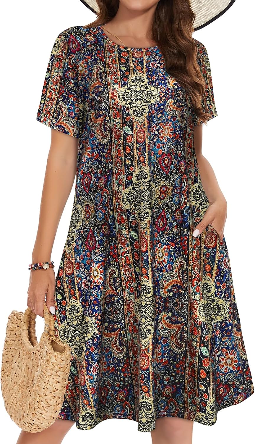 Vestidos de verano para mujeres casuales, camiseta de manga corta floral, vestido de sol de playa, cubiertas de playa con bolsillos