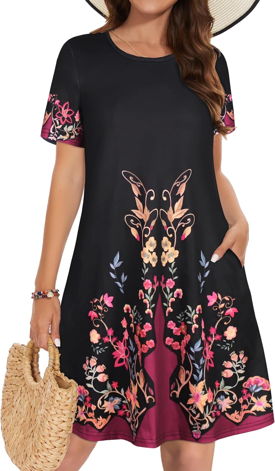 Vestidos de verano para mujeres casuales, camiseta de manga corta floral, vestido de sol de playa, cubiertas de playa con bolsillos