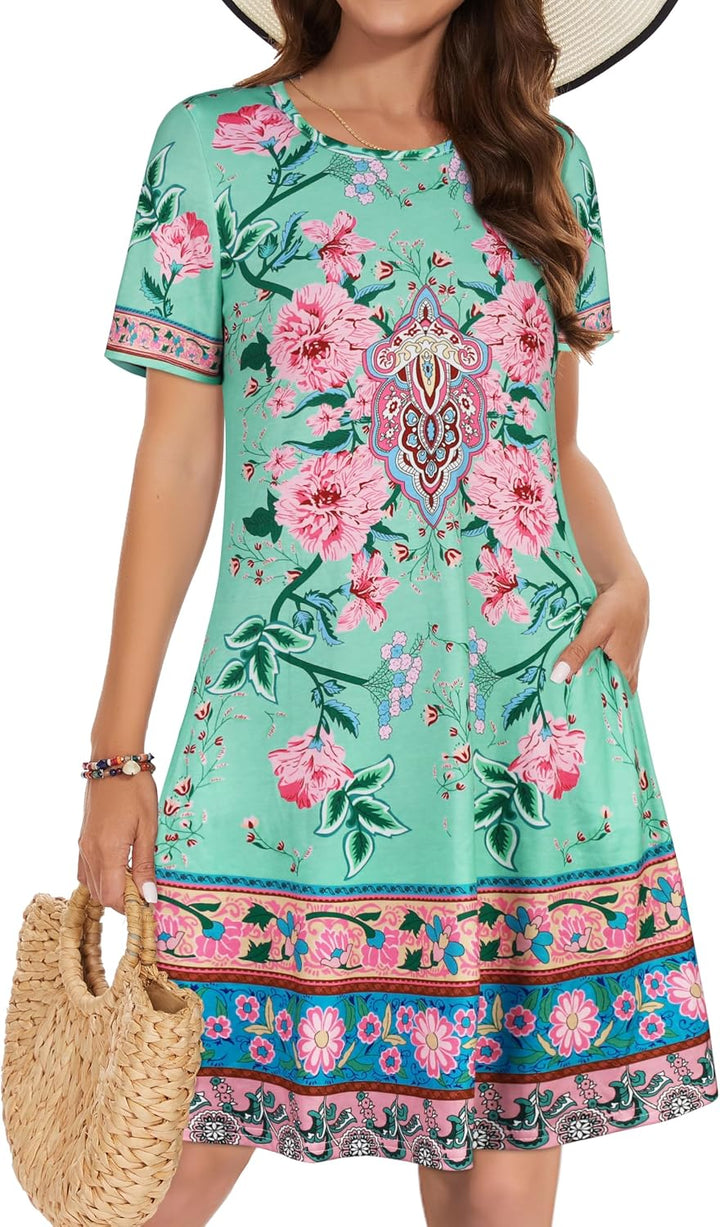 Vestidos de verano para mujeres casuales, camiseta de manga corta floral, vestido de sol de playa, cubiertas de playa con bolsillos