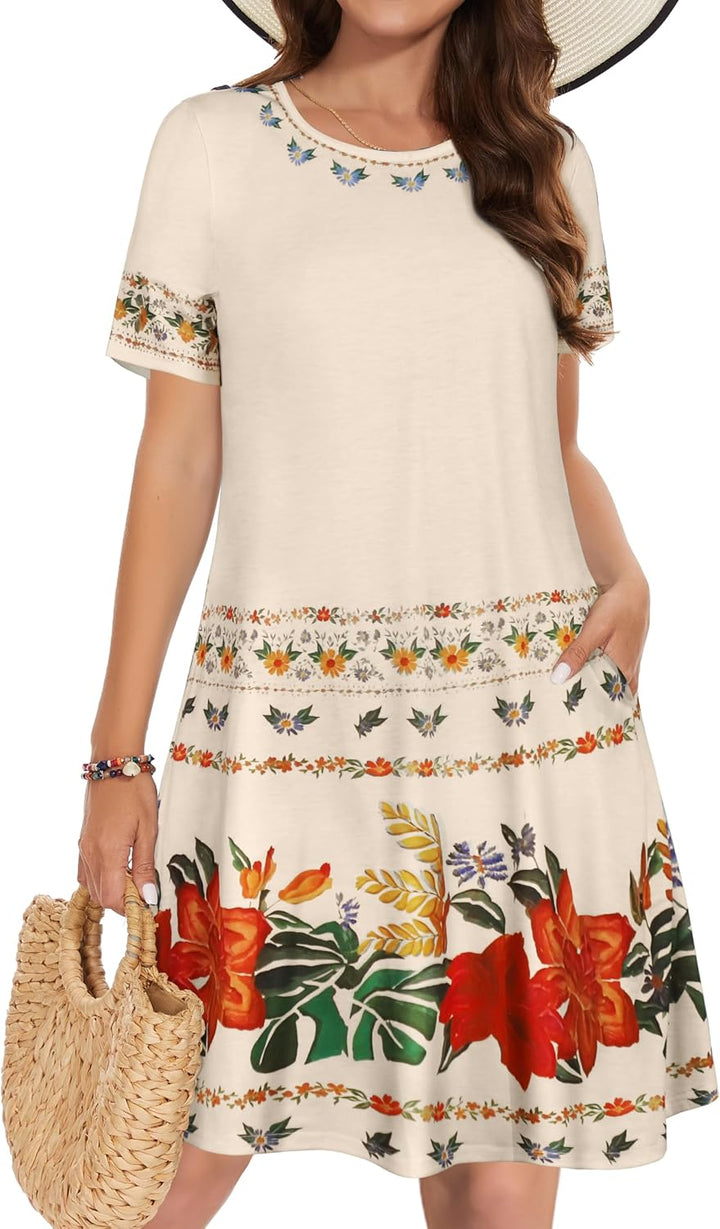 Vestidos de verano para mujeres casuales, camiseta de manga corta floral, vestido de sol de playa, cubiertas de playa con bolsillos