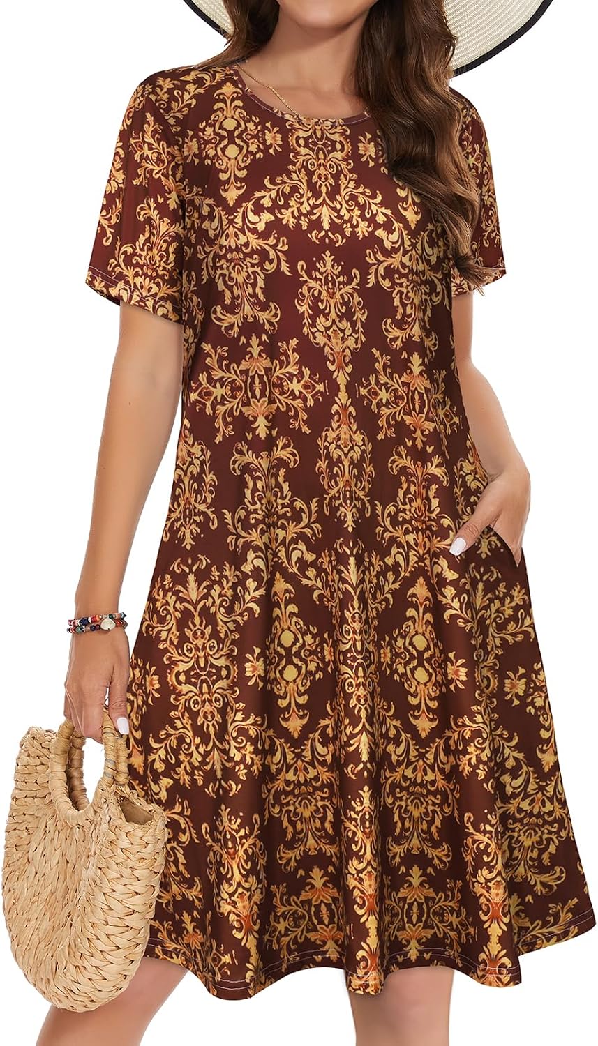 Vestidos de verano para mujeres casuales, camiseta de manga corta floral, vestido de sol de playa, cubiertas de playa con bolsillos
