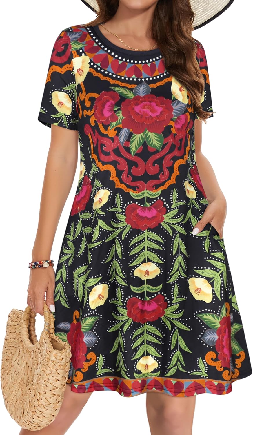 Vestidos de verano para mujeres casuales, camiseta de manga corta floral, vestido de sol de playa, cubiertas de playa con bolsillos