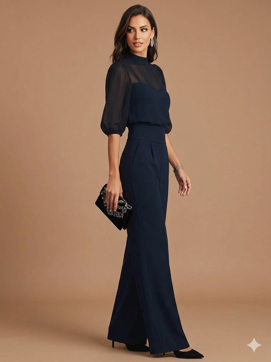 Pam | Black Chiffon Top And Wide Leg Pants Three Piece Set
