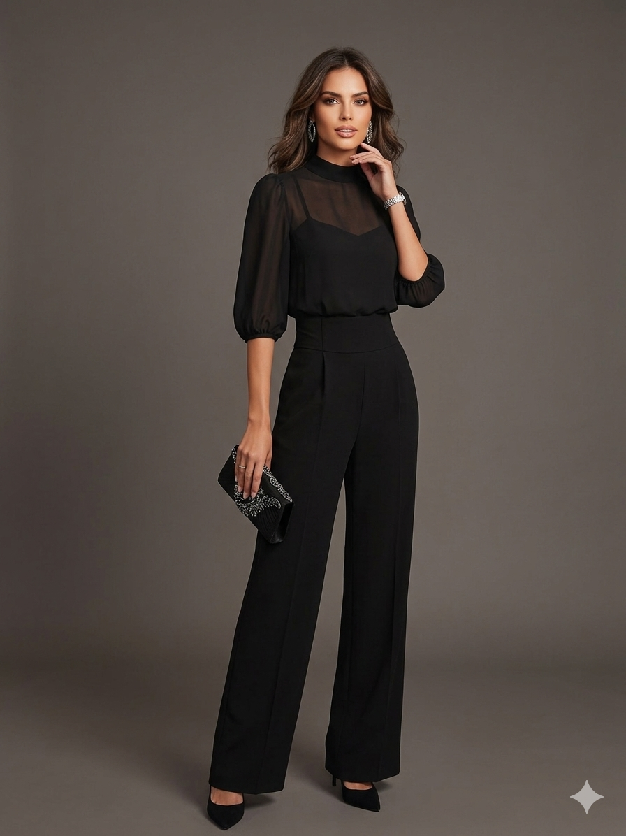 Pam | Black Chiffon Top And Wide Leg Pants Three Piece Set