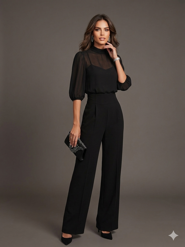 Pam | Black Chiffon Top And Wide Leg Pants Three Piece Set