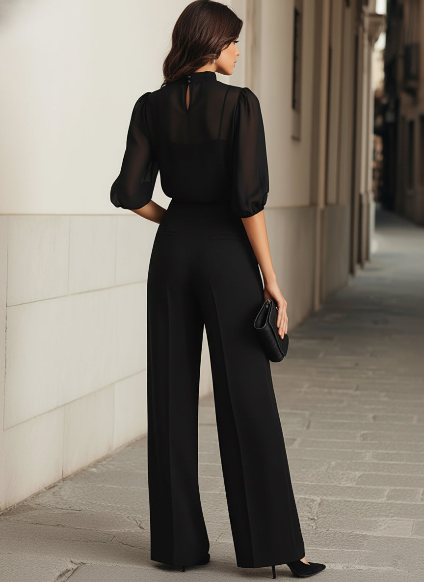 Pam | Black Chiffon Top And Wide Leg Pants Three Piece Set