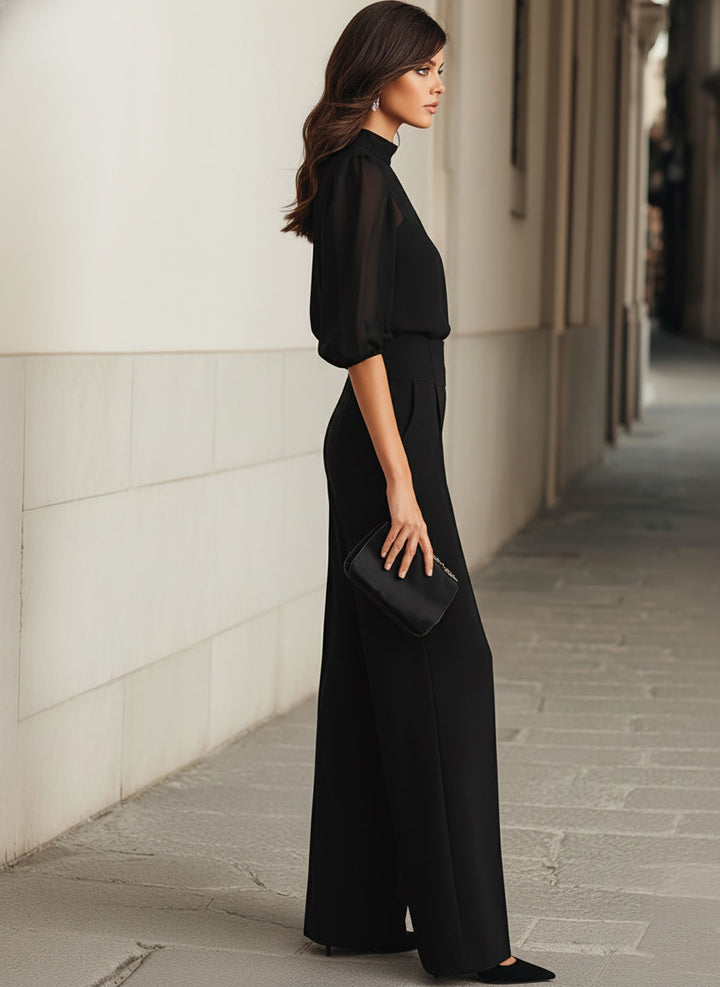 Pam | Black Chiffon Top And Wide Leg Pants Three Piece Set