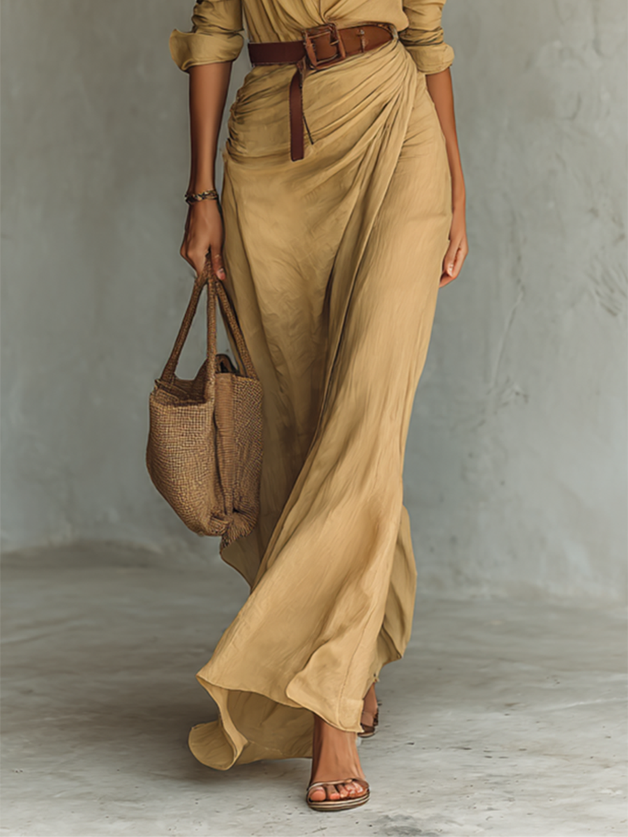 Gaïl | Ladies Lapel Single Breasted Long Sleeve Belted Maxi Dress