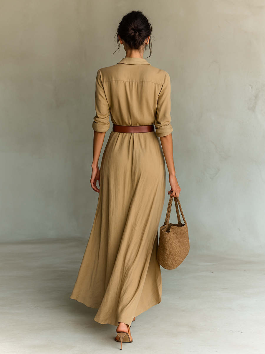 Gaïl | Ladies Lapel Single Breasted Long Sleeve Belted Maxi Dress