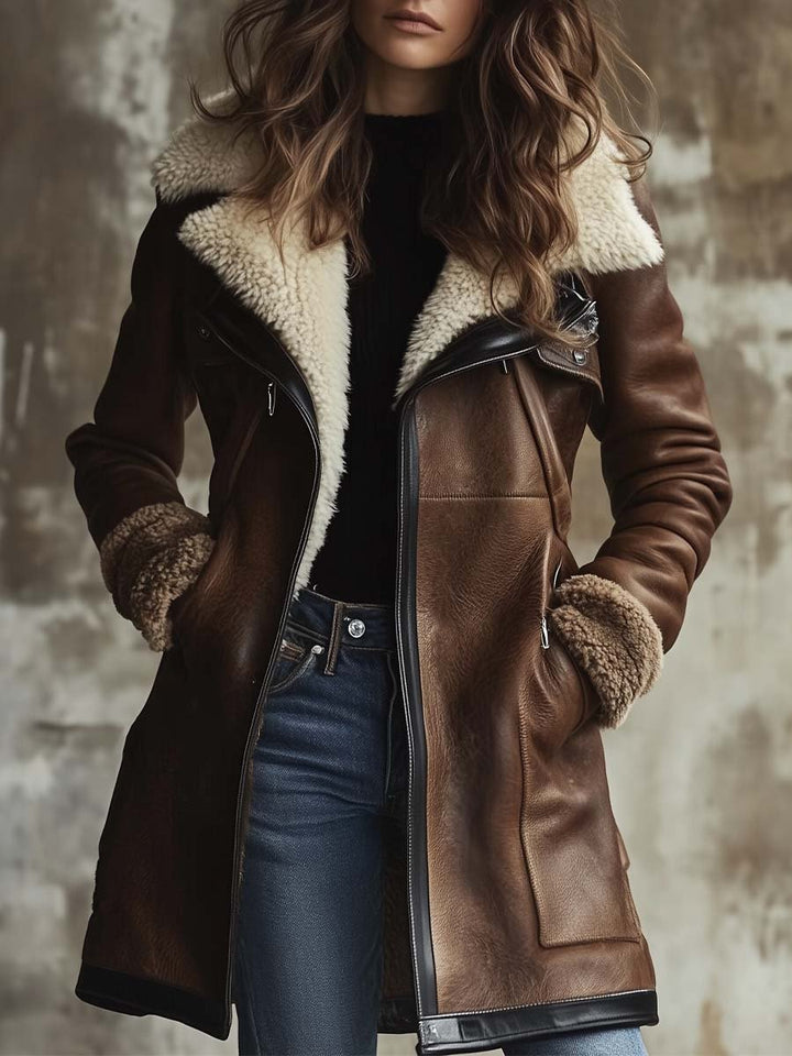 Vivian | Vintage Contrast Lambskin Collar Leather Coat