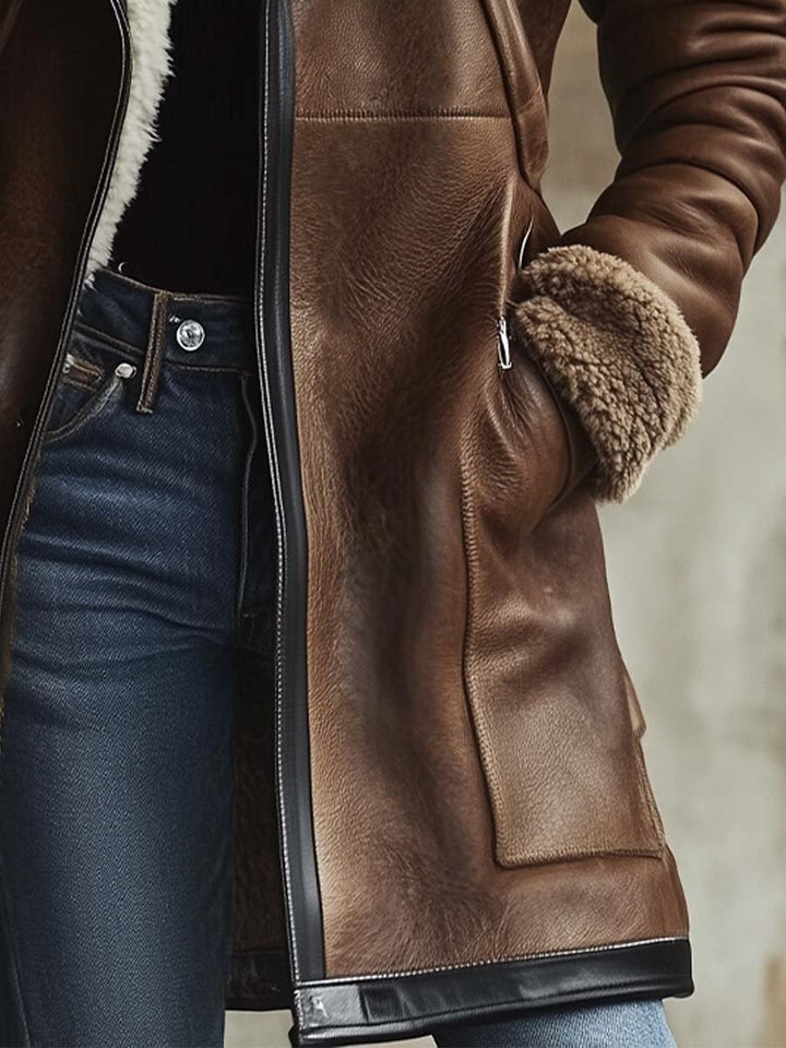 Vivian | Vintage Contrast Lambskin Collar Leather Coat