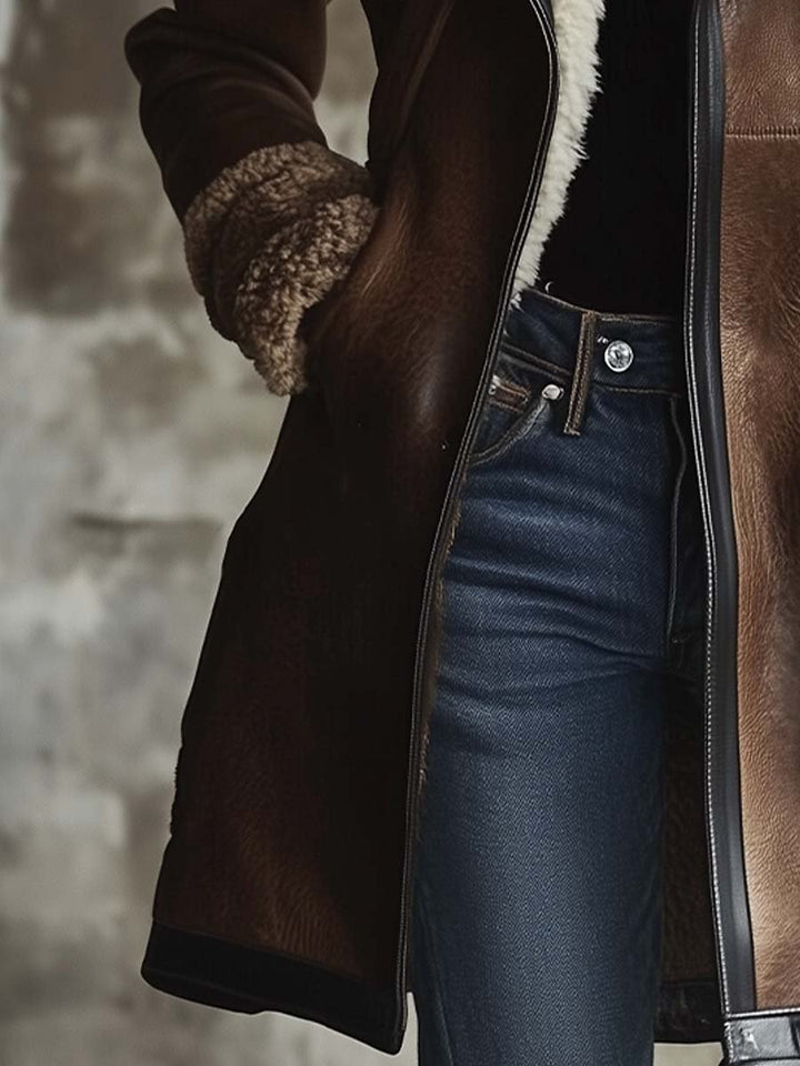 Vivian | Vintage Contrast Lambskin Collar Leather Coat