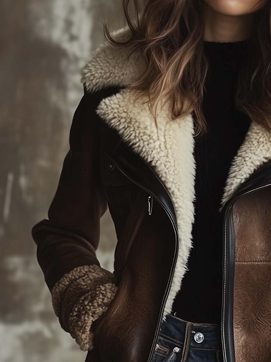 Vivian | Vintage Contrast Lambskin Collar Leather Coat